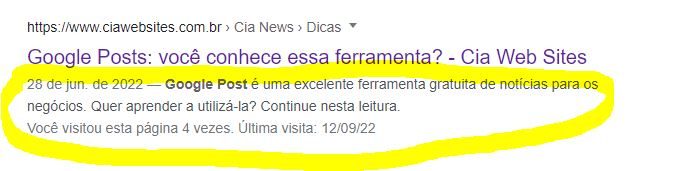 Meta descrição selecionada para mostrar como aparece e analisar os concorrentes.